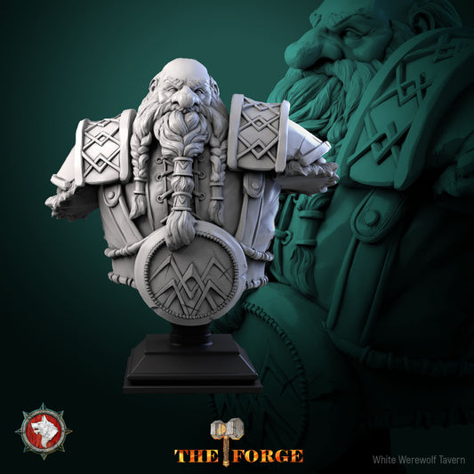 Dwarf bust resin miniature with braided beard, layered pauldrons and rune shield on a plinth