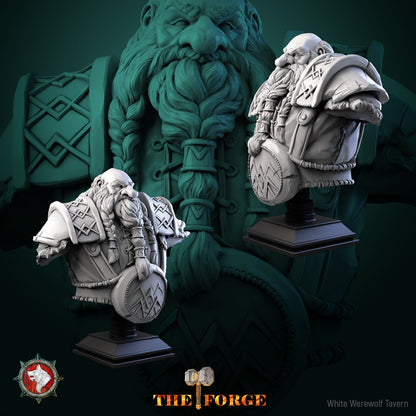 Two angles of the dwarf bust on its tiered display plinth