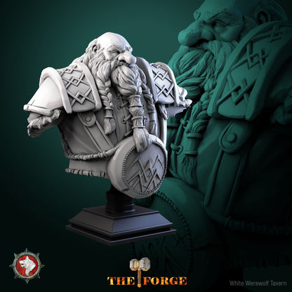 Side view of the dwarf bust showing braids, laced leather armor and shield detail