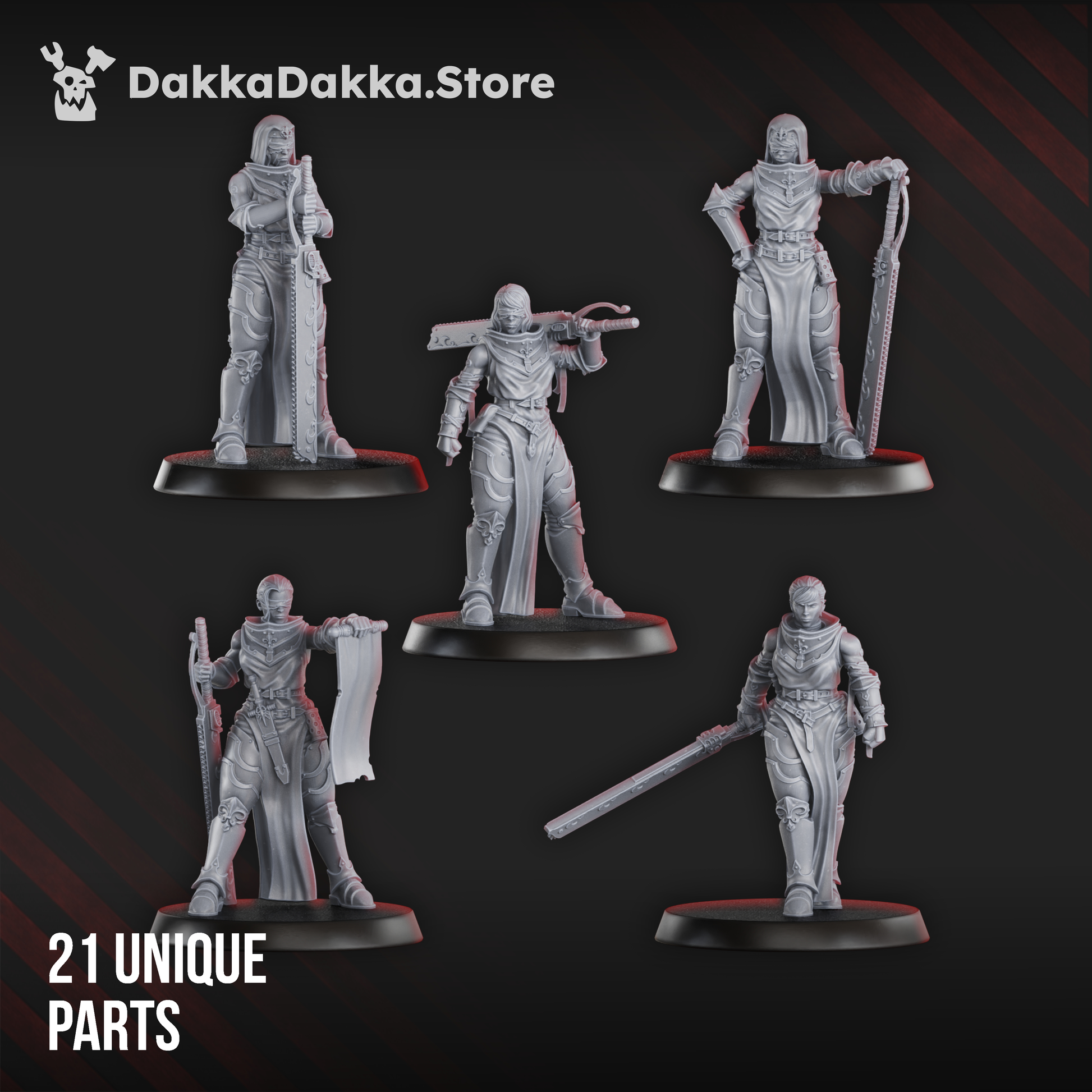 Five assembled Poenitentiam Battle Sisters with chainswords and bolters, resin by Dakka Dakka
