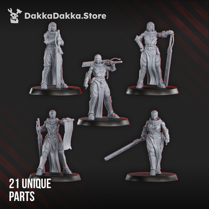 Five assembled Poenitentiam Battle Sisters with chainswords and bolters, resin by Dakka Dakka