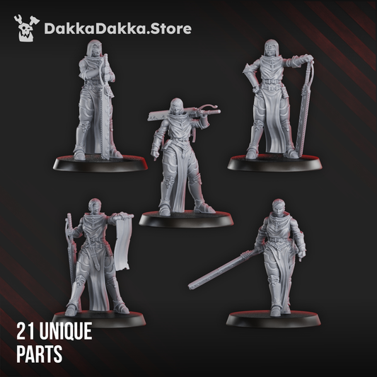 Render of Battle Sisters Squad | 32mm Sci-Fi Resin Miniatures | Sororitas Proxy: These robed battle nuns carry chainswords and a bolter, a squad of five. 3D printed resin miniatures, used as an Adepta Sororitas Battle Sister proxy.