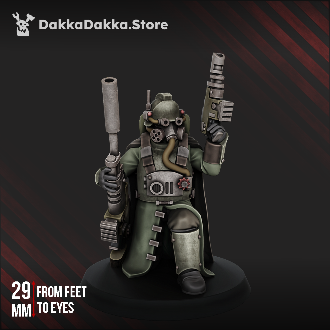 Death Corps Spec Op Officer rear and detail view, grimdark sci-fi resin miniature by Dakka Dakka Store