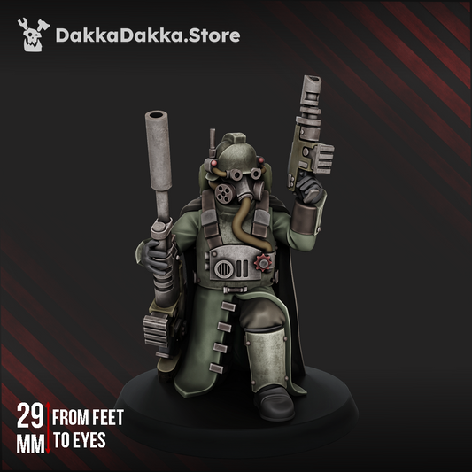 Death Corps Spec Op Officer, caped gas masked grimdark sci-fi officer with raised pistols, 32mm resin miniature by Dakka Dakka Store