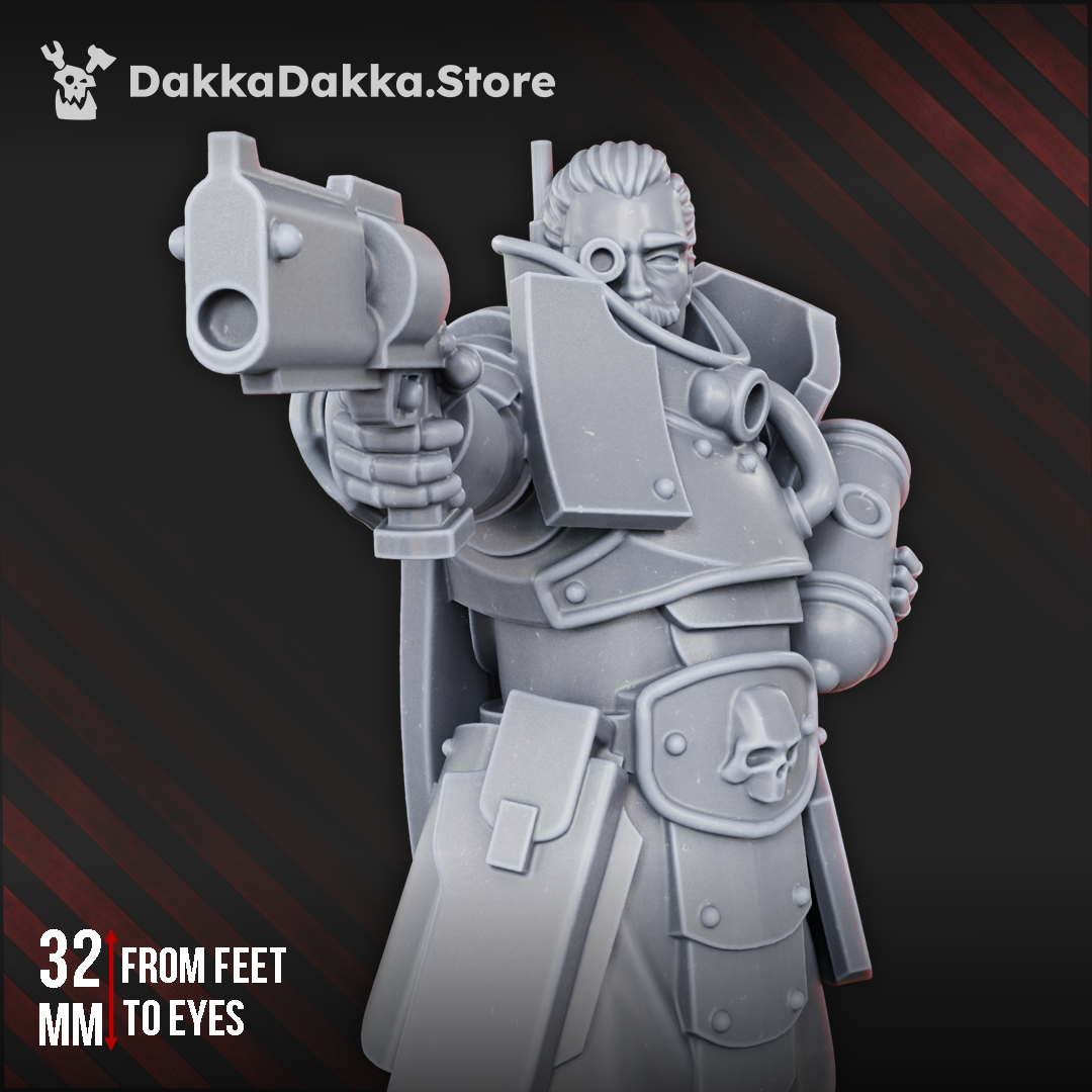 Castellan the Pure, a witch-hunter with a heavy pistol and reliquary, resin by Dakka Dakka