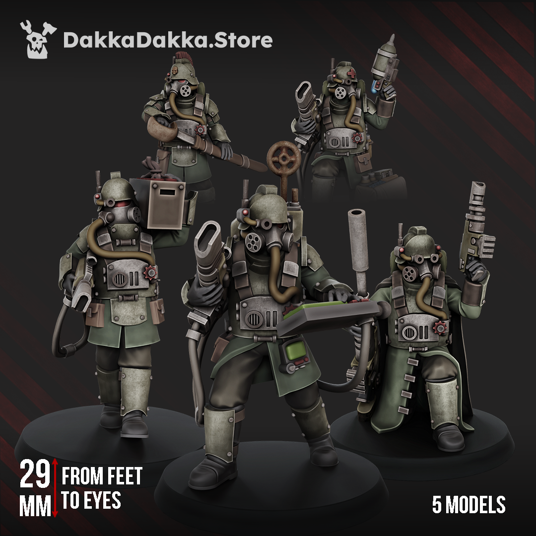 Death Corps Specops Squad, five gas masked grimdark sci-fi trench soldiers, 32mm resin miniatures by Dakka Dakka Store