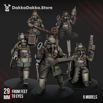 Death Corps Specops Squad, five gas masked grimdark sci-fi trench soldiers, 32mm resin miniatures by Dakka Dakka Store