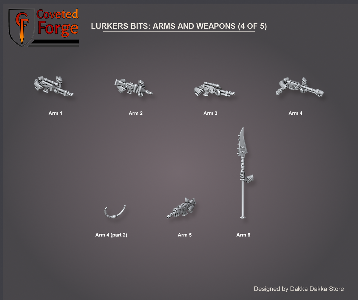 Coveted Forge bits sheet: Arms and Weapons (4 of 5), Deadland Lurkers build kit, every part labelled with the number used in the dropdown