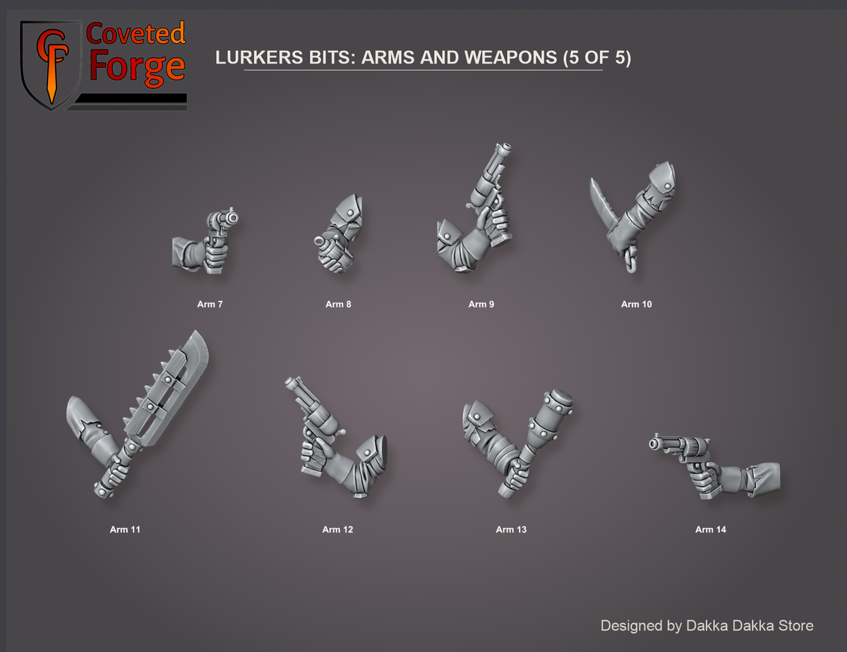 Coveted Forge bits sheet: Arms and Weapons (5 of 5), Deadland Lurkers build kit, every part labelled with the number used in the dropdown