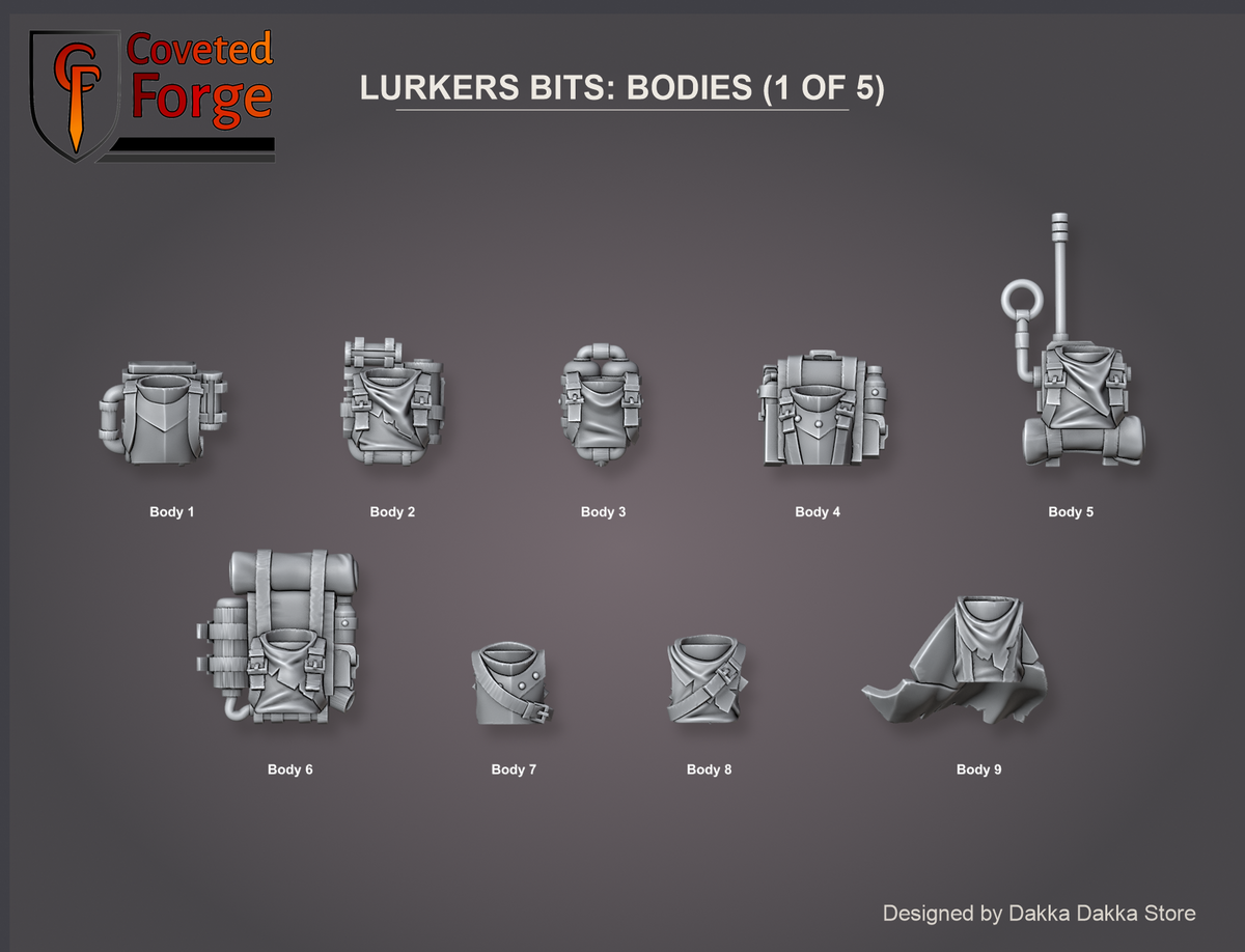 Coveted Forge bits sheet: Bodies (1 of 5), Deadland Lurkers build kit, every body sculpt numbered so a buyer can name one in the order note