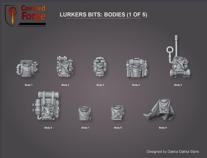 Coveted Forge bits sheet: Bodies (1 of 5), Deadland Lurkers build kit, every body sculpt numbered so a buyer can name one in the order note