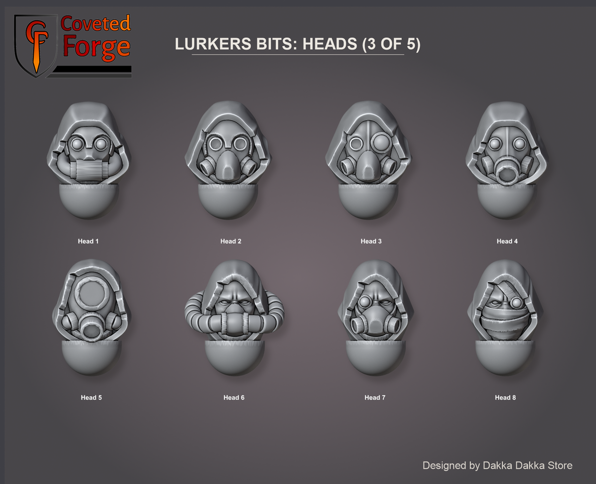 Coveted Forge bits sheet: Heads (3 of 5), Deadland Lurkers build kit, every head sculpt numbered so a buyer can name one in the order note