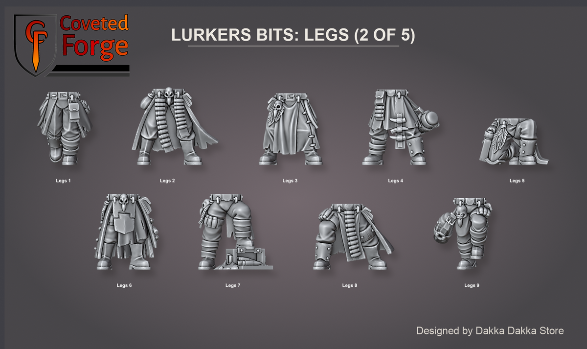 Coveted Forge bits sheet: Legs (2 of 5), Deadland Lurkers build kit, every legs sculpt numbered so a buyer can name one in the order note