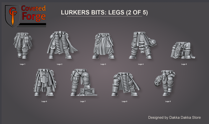 Coveted Forge bits sheet: Legs (2 of 5), Deadland Lurkers build kit, every legs sculpt numbered so a buyer can name one in the order note