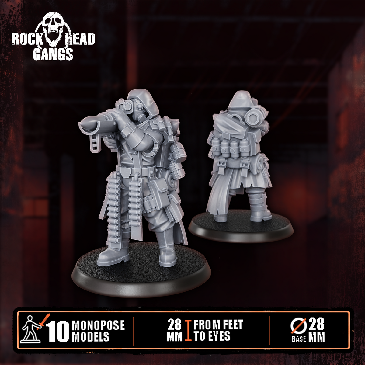 Deadland Lurkers Model 1, shoulder-fired launcher and ammo bandoliers, front and back, Dakka Dakka Store render
