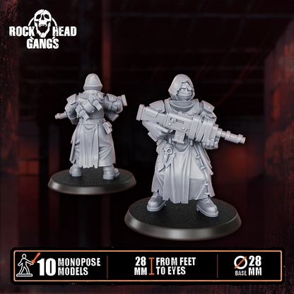 Deadland Lurkers Model 10, rifle and a long robe, front and back, Dakka Dakka Store render