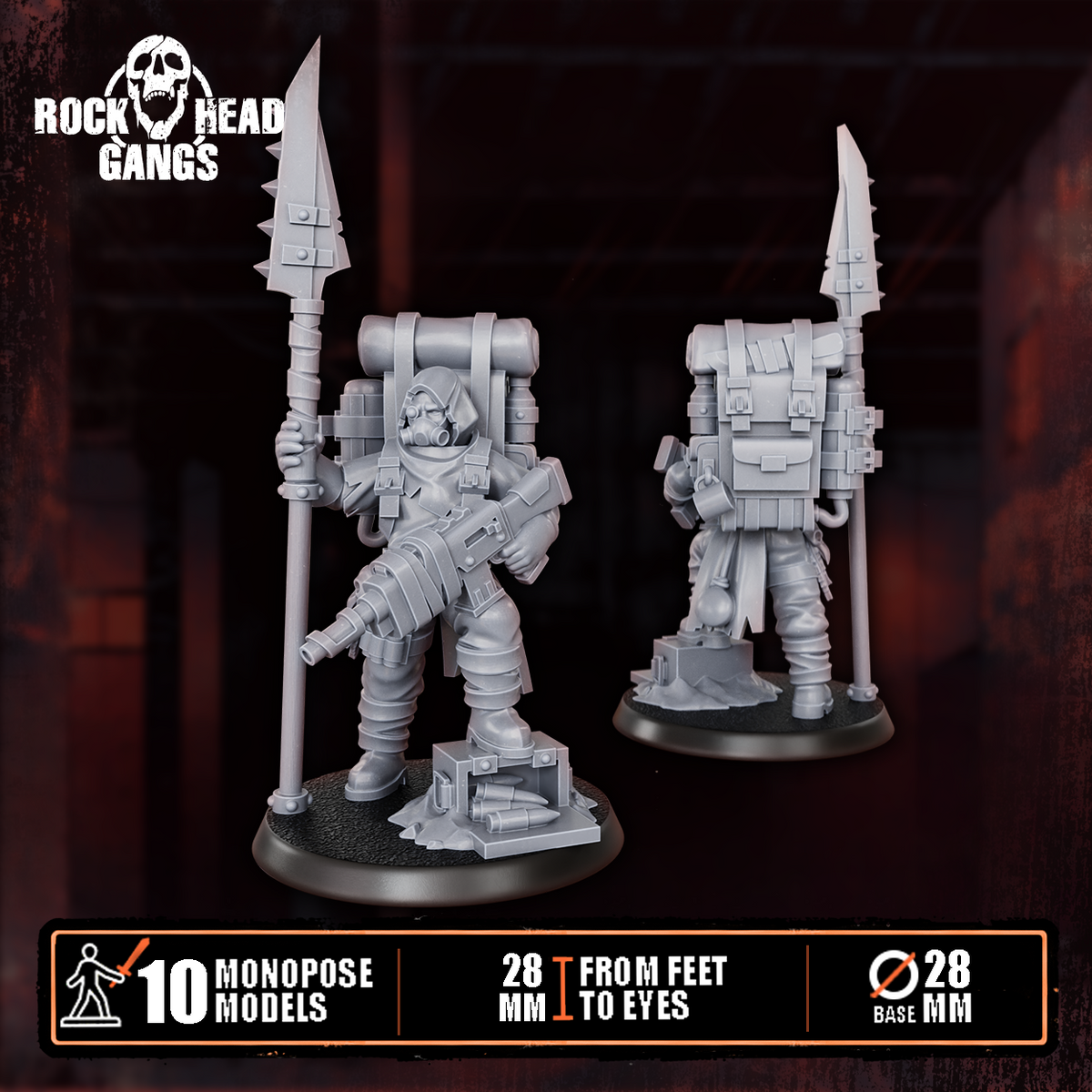 Deadland Lurkers Model 2, long spear, heavy rifle and backpack, front and back, Dakka Dakka Store render