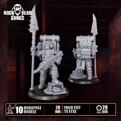 Deadland Lurkers Model 2, long spear, heavy rifle and backpack, front and back, Dakka Dakka Store render