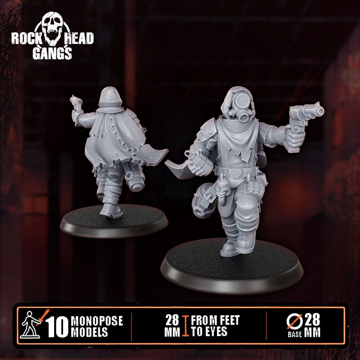 Deadland Lurkers Model 3, pistol and a long cape, front and back, Dakka Dakka Store render