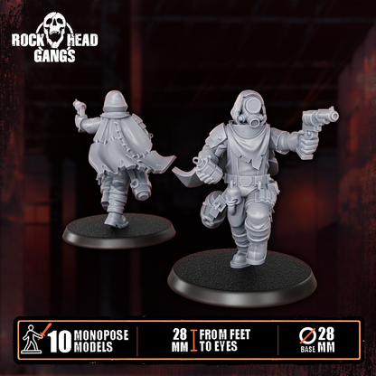 Deadland Lurkers Model 3, pistol and a long cape, front and back, Dakka Dakka Store render