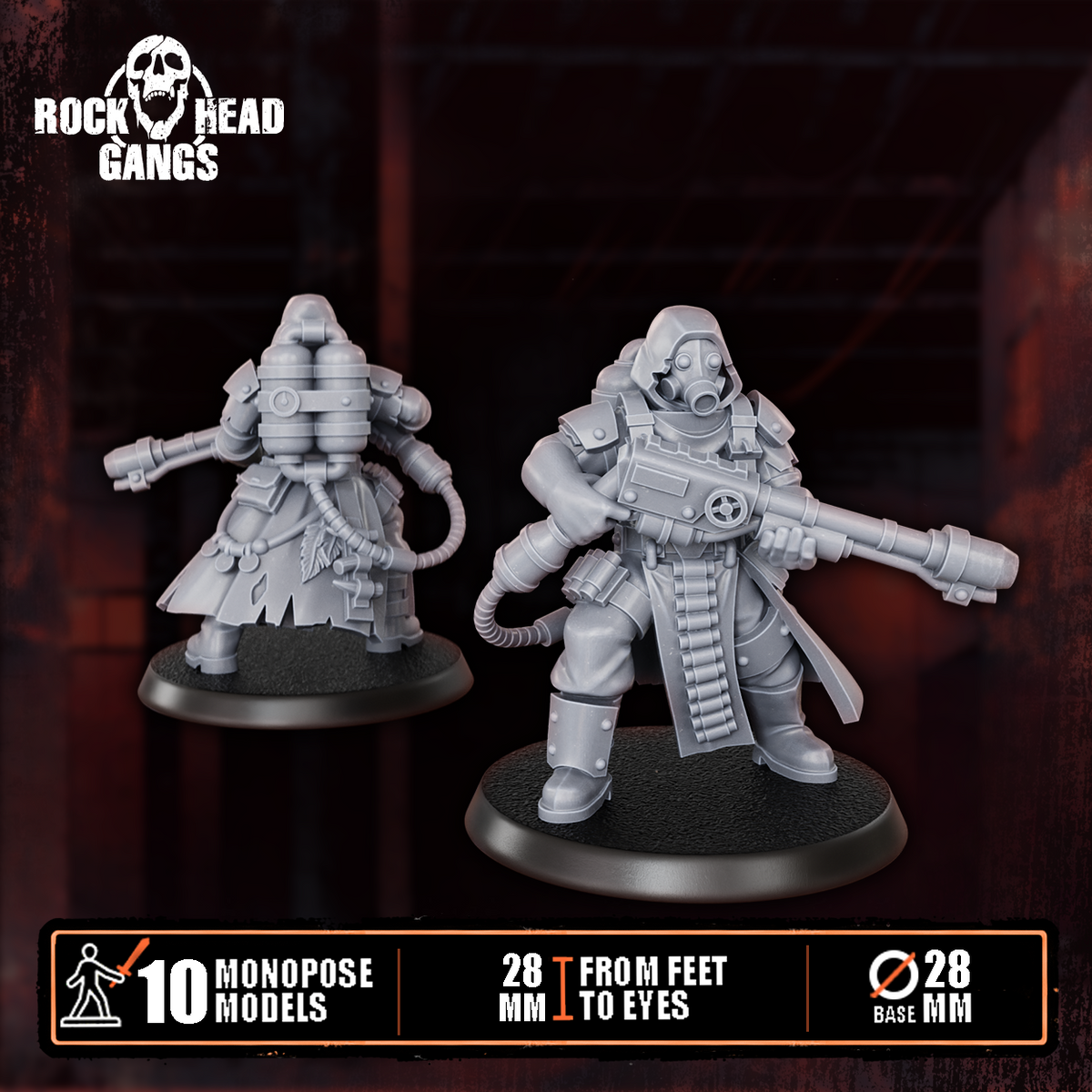 Deadland Lurkers Model 4, heavy rifle with a hose to a tank backpack, front and back, Dakka Dakka Store render