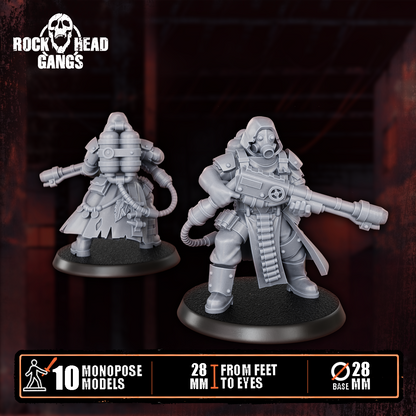Deadland Lurkers Model 4, heavy rifle with a hose to a tank backpack, front and back, Dakka Dakka Store render