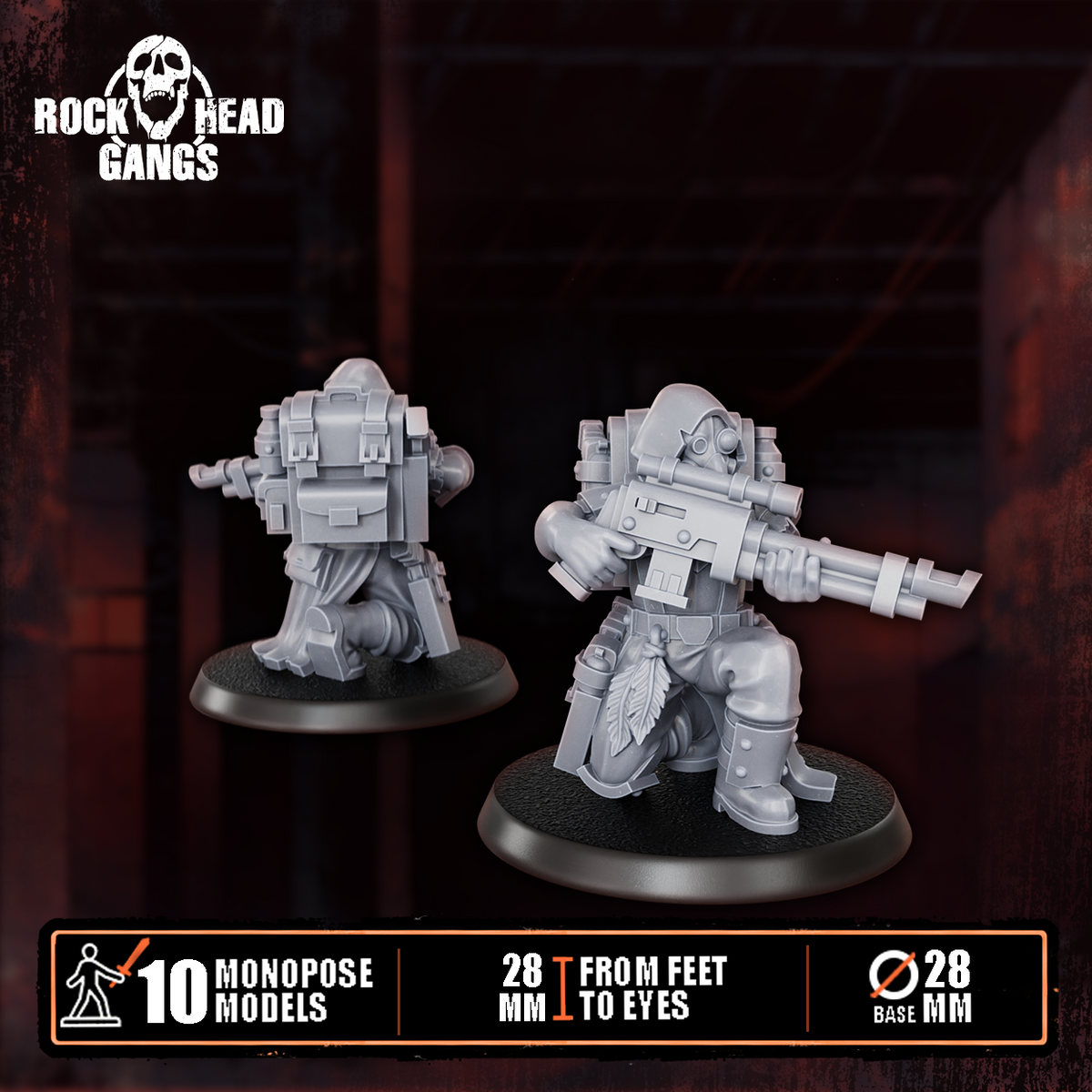 Deadland Lurkers Model 5, heavy rifle and backpack, kneeling, front and back, Dakka Dakka Store render