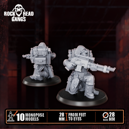 Deadland Lurkers Model 5, heavy rifle and backpack, kneeling, front and back, Dakka Dakka Store render