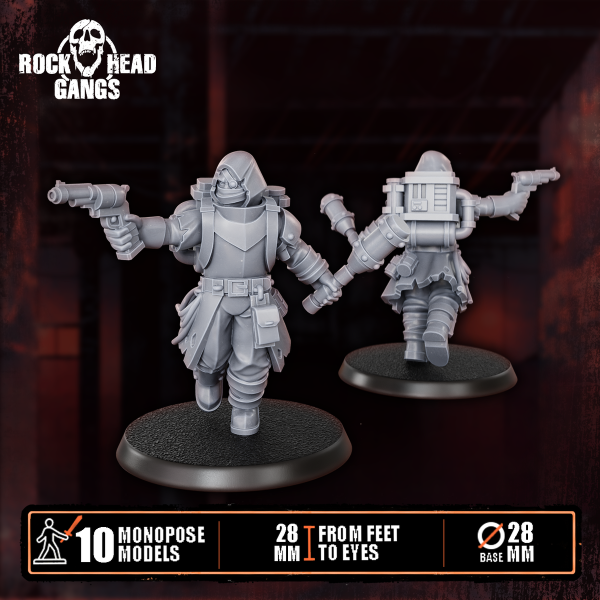 Deadland Lurkers Model 6, pistol and a club, front and back, Dakka Dakka Store render