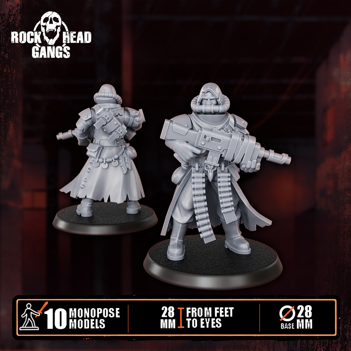 Deadland Lurkers Model 7, heavy rifle and ammo belts, front and back, Dakka Dakka Store render