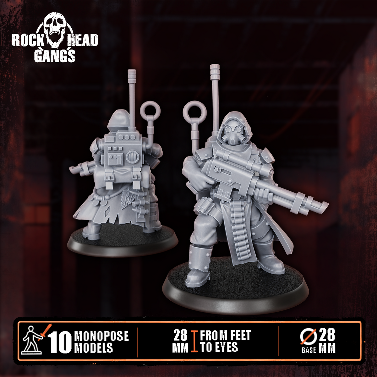 Deadland Lurkers Model 8, heavy rifle and a radio pack with antenna, front and back, Dakka Dakka Store render