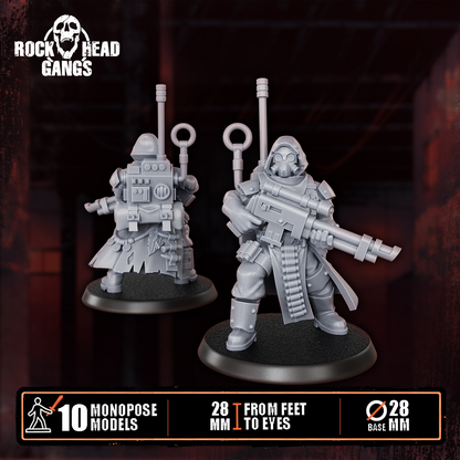 Deadland Lurkers Model 8, heavy rifle and a radio pack with antenna, front and back, Dakka Dakka Store render