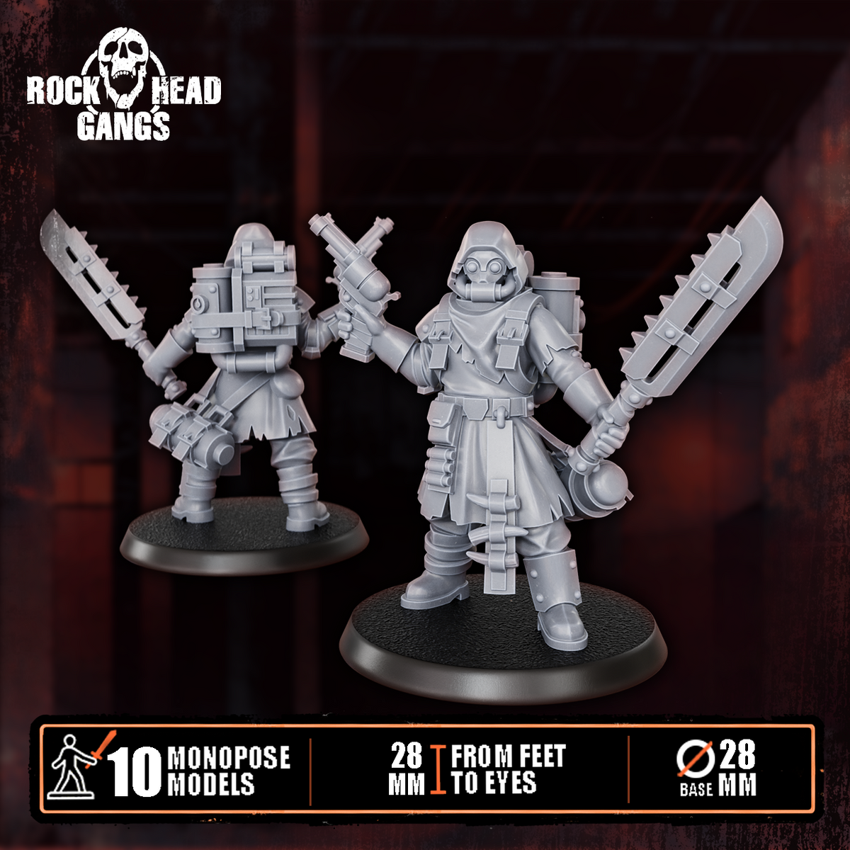 Deadland Lurkers Model 9, pistol and a serrated cleaver, front and back, Dakka Dakka Store render
