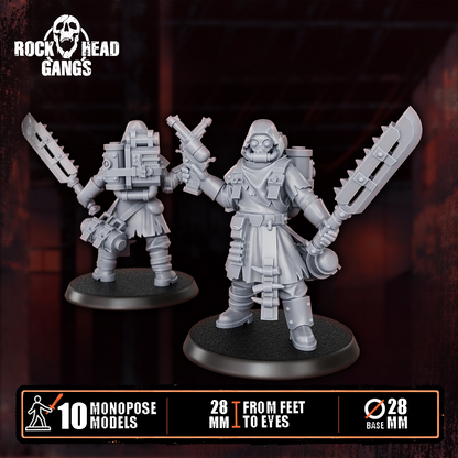 Deadland Lurkers Model 9, pistol and a serrated cleaver, front and back, Dakka Dakka Store render