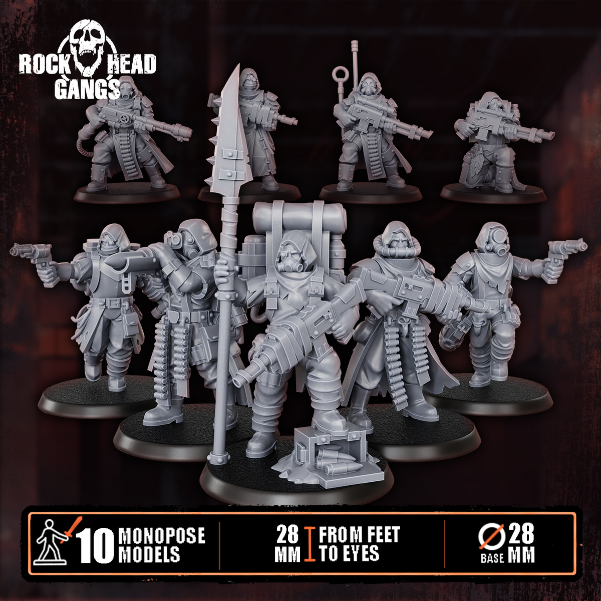 Deadland Lurkers Squad, ten hooded gas-masked wasteland gangers, sci-fi resin miniatures, Dakka Dakka Store render