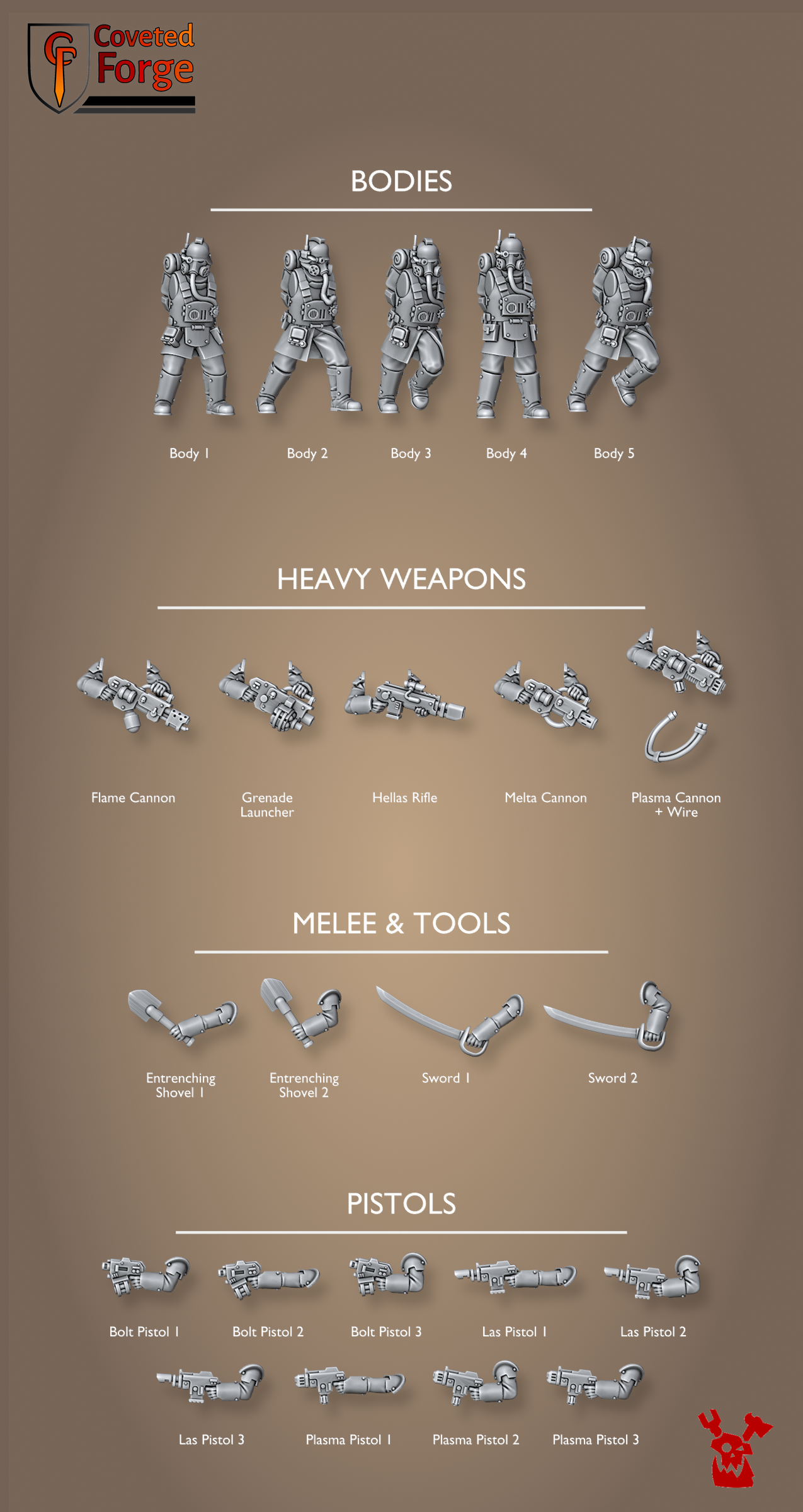 Death Corps Spec Ops build-kit parts sheet: five bodies, bolt/las/plasma pistols, swords, entrenching shovels and heavy weapons including the plasma cannon with its power cable, each labeled, by Dakka Dakka Store