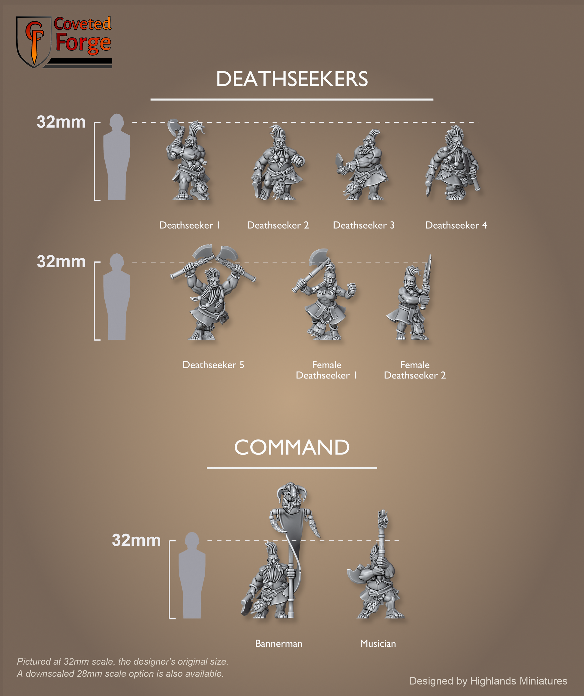 Dwarf Deathseekers scale lineup, all poses with a 32mm human and bracket for scale