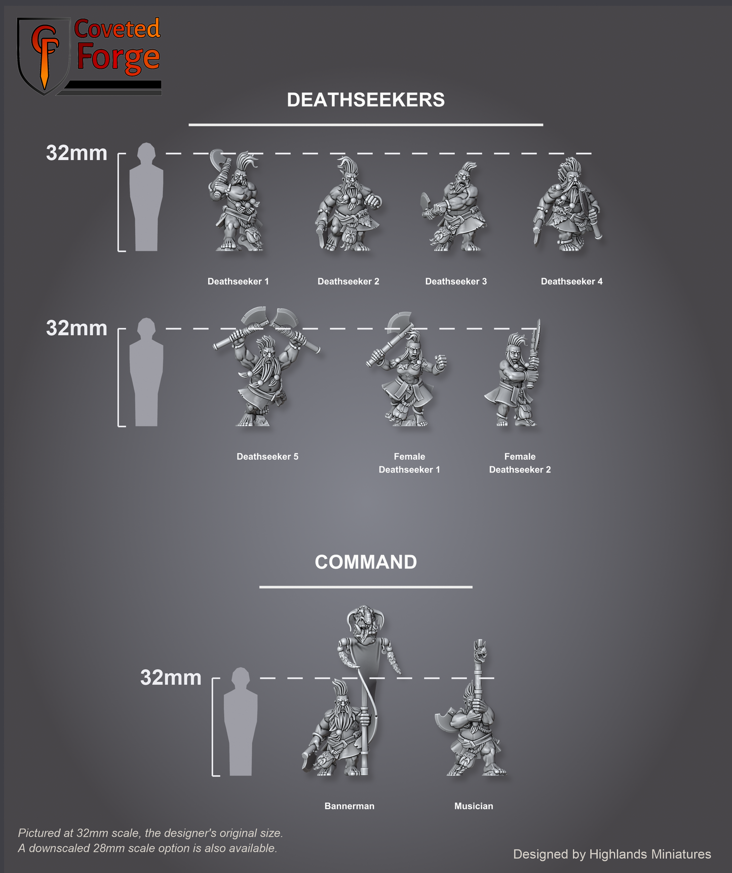 Dwarf Deathseekers scale lineup, all poses with a 32mm human and bracket for scale
