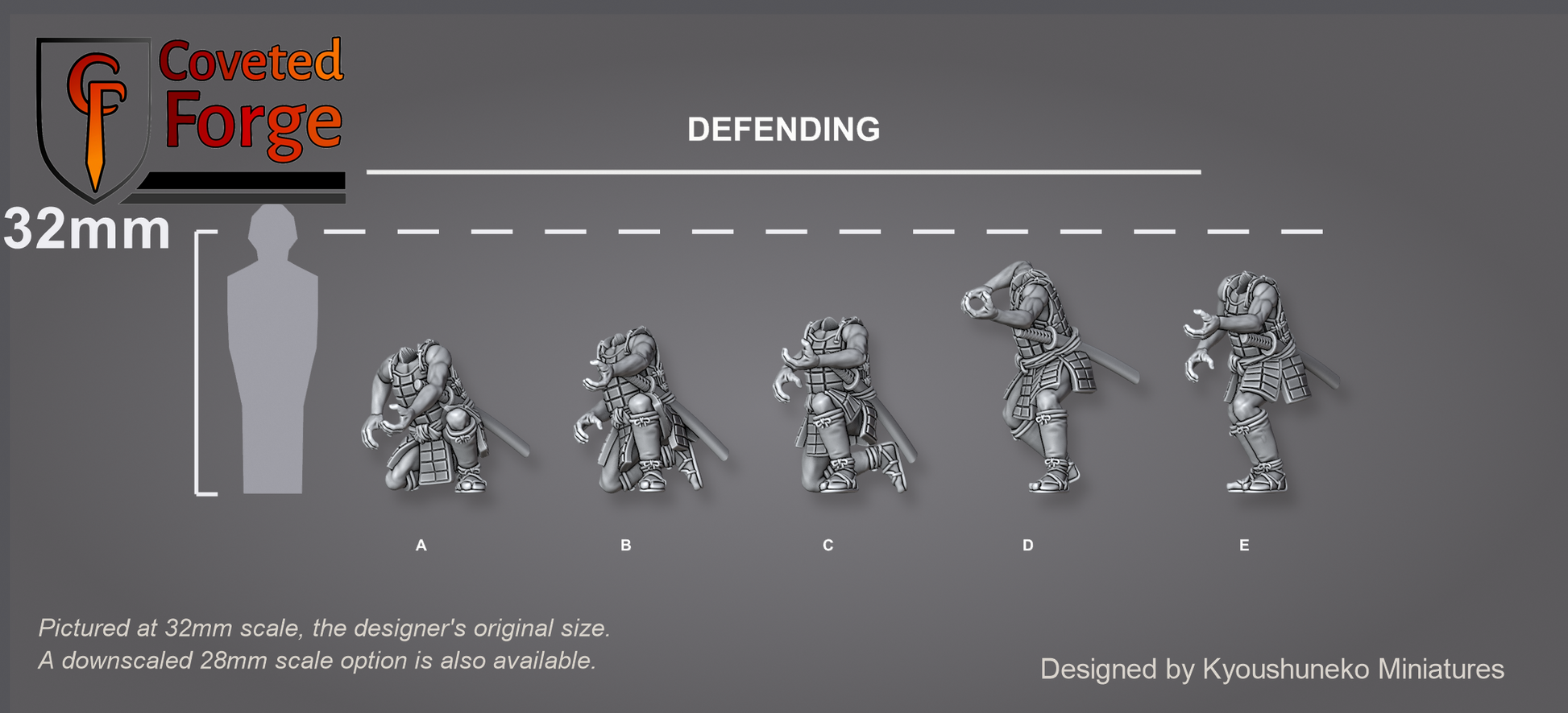 Five tatami-do ashigaru spearmen body sculpts in the Defending stance, labeled A to E beside a 32mm human silhouette for scale, on a charcoal background. Bodies shown; the yari spear is a separate part.