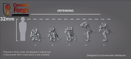 Five tatami-do ashigaru spearmen body sculpts in the Defending stance, labeled A to E beside a 32mm human silhouette for scale, on a charcoal background. Bodies shown; the yari spear is a separate part.