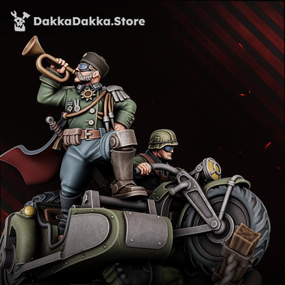 Kavallerie General Deines sounding a bugle from the sidecar of a heavy military motorcycle, the goggled driver at the handlebars, sci-fi resin command miniature, Dakka Dakka Store render