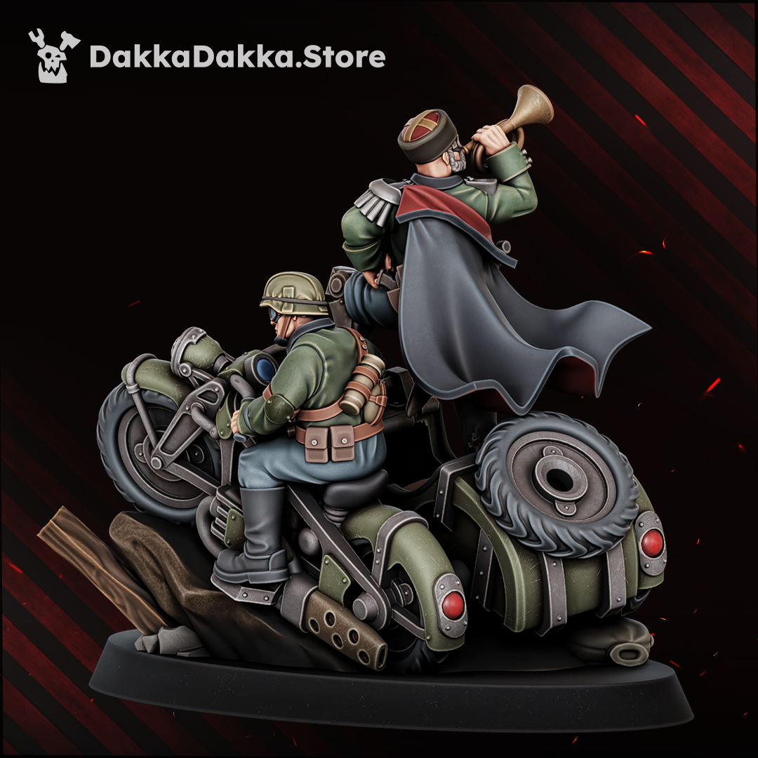 Kavallerie General Deines rear view: the general's cape and epaulettes, the spare wheel, panniers and rear lamp of the motorcycle, Dakka Dakka Store render