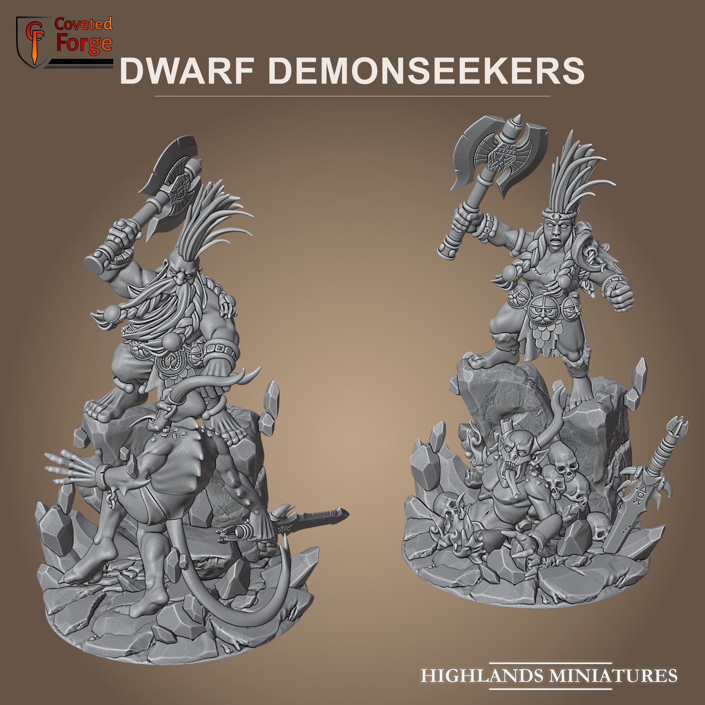 Male and female Dwarf Demonseekers on slain-demon scenic bases
