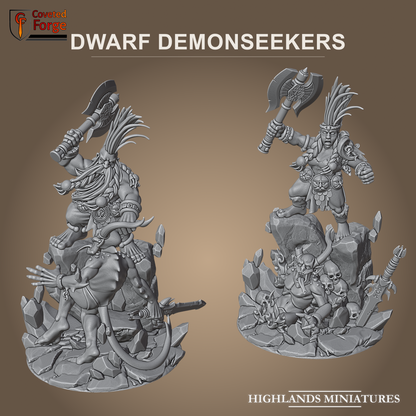 Male and female Dwarf Demonseekers on slain-demon scenic bases