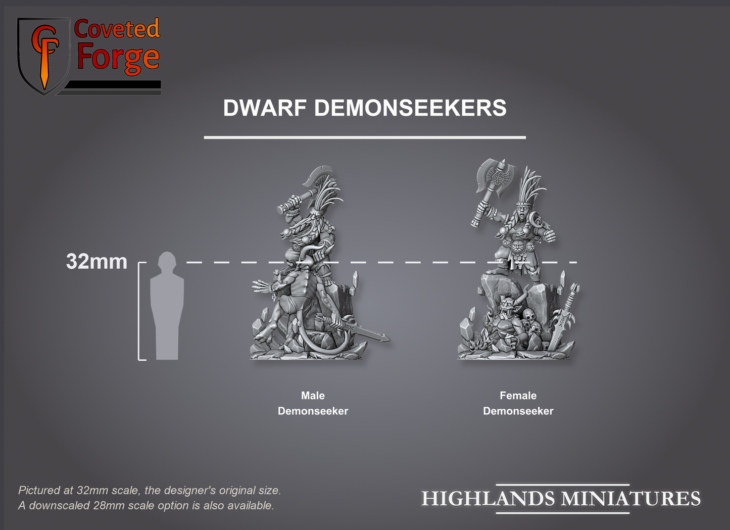 Render of Dwarf Demonseeker Slayer | 32mm Resin Hero | Highlands: A dwarf demon-slayer stands over a slain demon, supplied with his fallen demon, in 32mm and 28mm. 3D printed resin. Old World dwarf proxy.