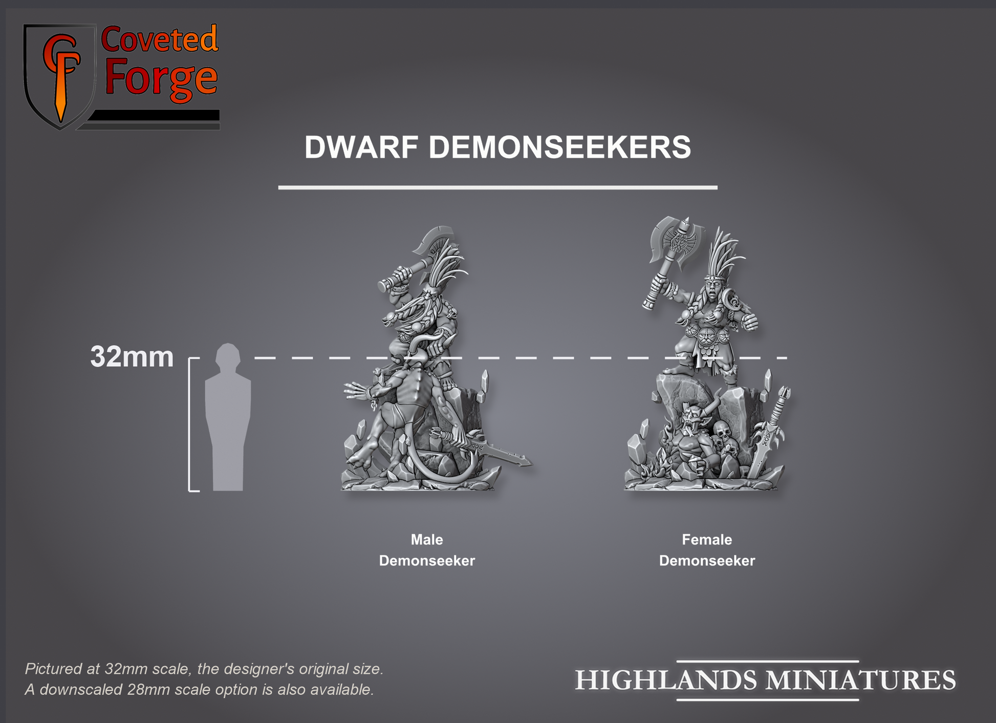Render of Dwarf Demonseeker Slayer | 32mm Resin Hero | Highlands: A dwarf demon-slayer stands over a slain demon, supplied with his fallen demon, in 32mm and 28mm. 3D printed resin. Old World dwarf proxy.