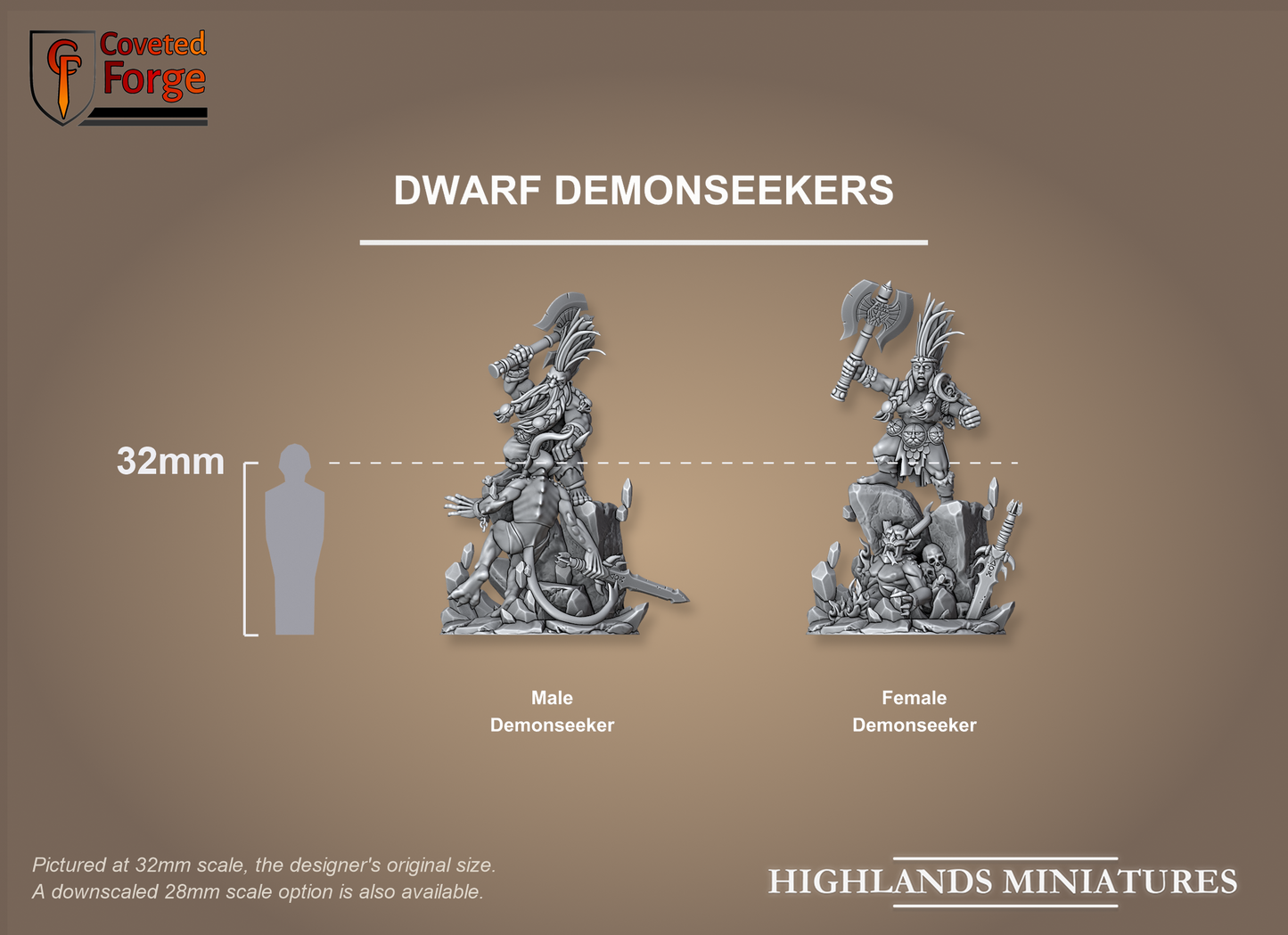 Dwarf Demonseekers on scenic bases, 32mm scale comparison