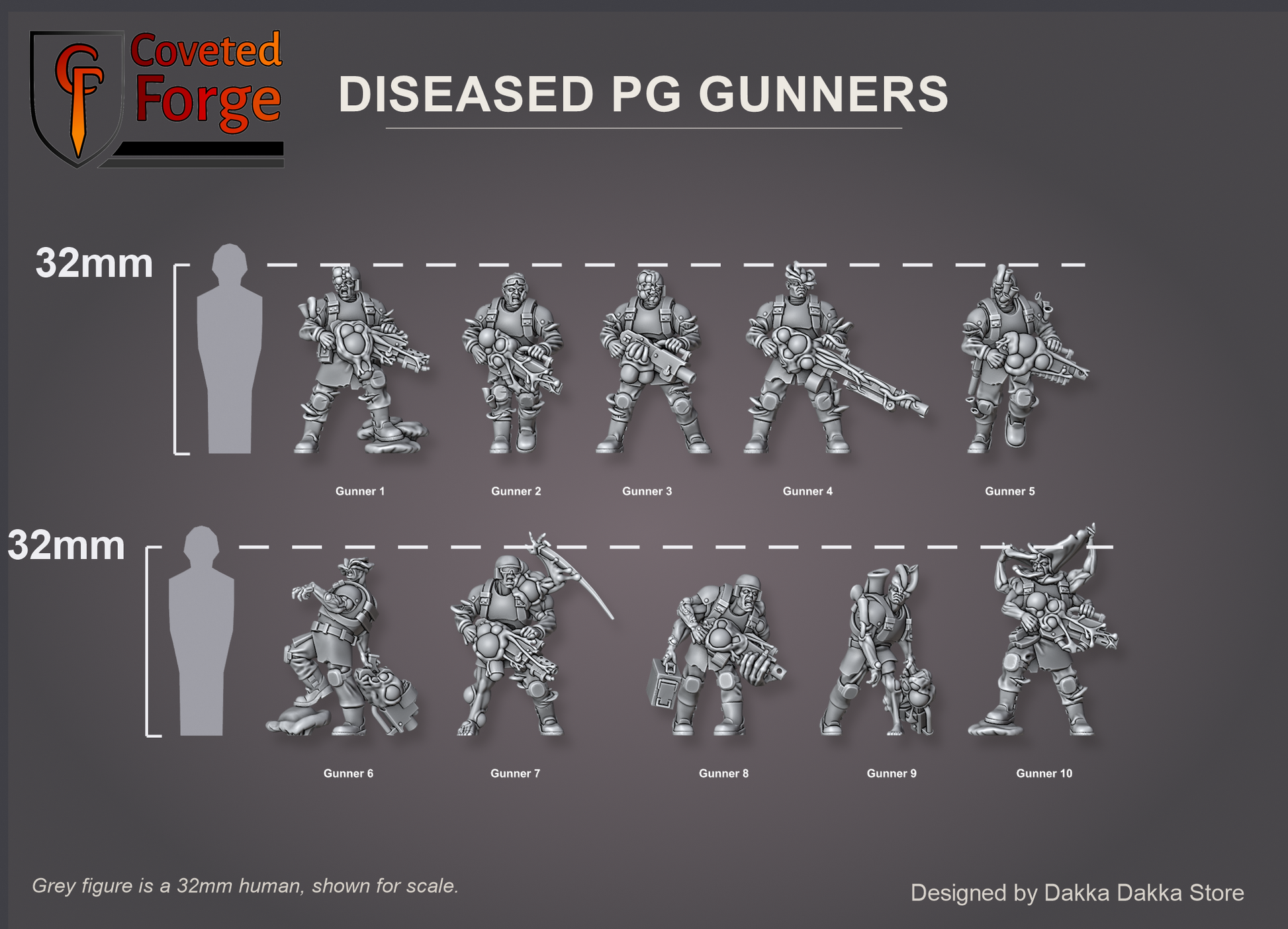 Render of Diseased PG Gunners | 32mm Sci-Fi Plague Renegade Guard Proxy: Mutated renegade-guard infantry bloated with plague. 3D printed resin miniatures, used as a proxy for diseased traitor guard in grimdark sci-fi.