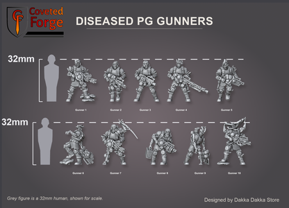 Render of Diseased PG Gunners | 32mm Sci-Fi Plague Renegade Guard Proxy: Mutated renegade-guard infantry bloated with plague. 3D printed resin miniatures, used as a proxy for diseased traitor guard in grimdark sci-fi.