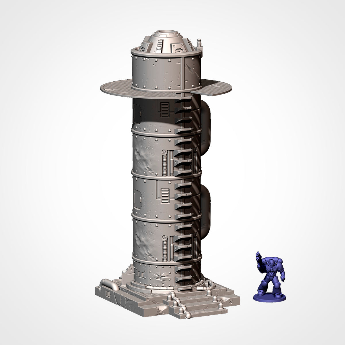 Industrial Sector assembled tower beside a 32mm miniature, sci-fi terrain.